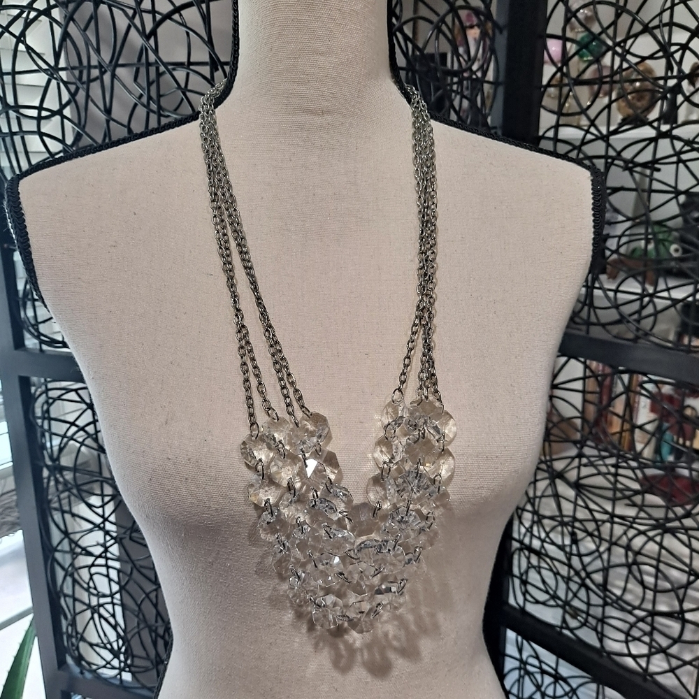 Statement necklace with Clear Crystals, 4 Strand Silver Chain